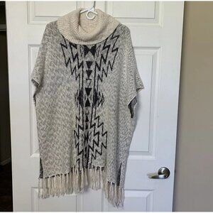 Billabong Pullover Sweater Shawl Beige Women's  M Southwestern Aztec Fringe